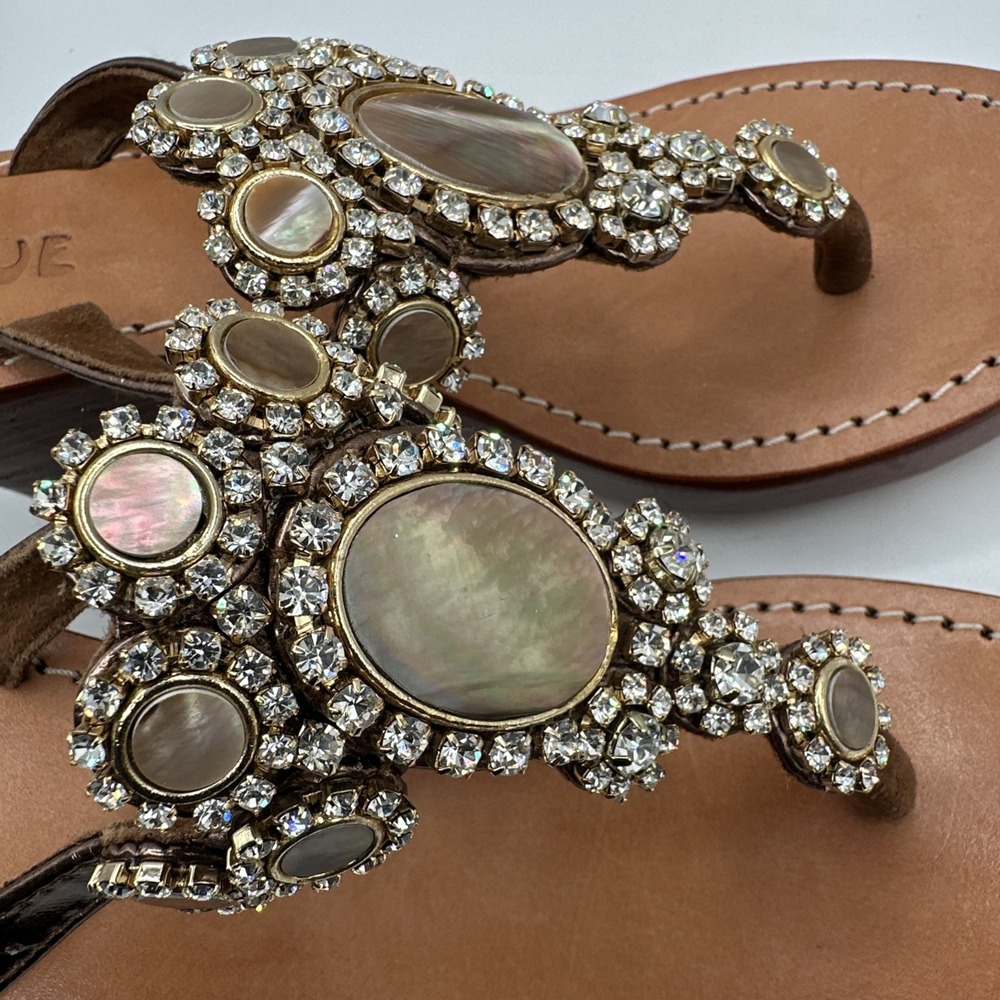 Mystique Brown Leather Jeweled Crystal Stone Embellished Wedge Sandals Sz 8 - Picture 7 of 7